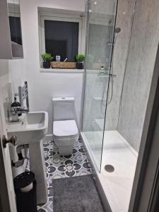 a bathroom with a shower and a toilet and a sink at Anfield Abbey House in Liverpool