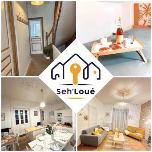 eine Collage mit Fotos von einem Wohnzimmer und einem Haus in der Unterkunft Ulyssee Seh’Loué in Saint-Brieuc