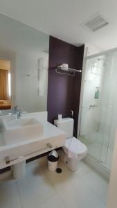 W łazience znajduje się umywalka, toaleta i prysznic. w obiekcie M-Flat III Luxo - Hotel w São Paulo