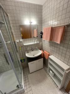 ein kleines Bad mit einem Waschbecken und einer Dusche in der Unterkunft Ferienwohnung Angelika in Kressbronn am Bodensee