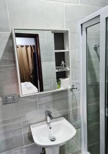uma casa de banho com um lavatório e um espelho em Elegant Escape in Adenta- 2-Bed, 5star Service, Free Wifi, 24-7 Security, Close to Highway, by DLA 