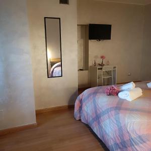 1 dormitorio con 1 cama con espejo y TV en La Casa di GioAna, en Campodipietra