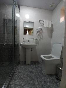 a bathroom with a toilet and a sink and a shower at The Afrosiyob Ok in Samarkand