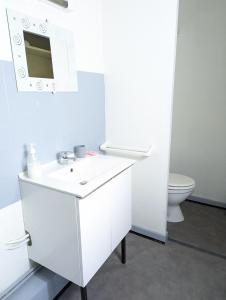uma casa de banho com um lavatório branco e um WC. em Pari57bis - T2 meublés entre centre ville et Futuroscope à 15min - CHU - CCI à 5 min em Poitiers