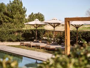 - une piscine avec des chaises longues et des parasols à côté de la piscine dans l'établissement ÒLA Exclusive Residence, with Pool & Beach Access, By ThinkVilla, à Tsilivi