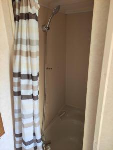 um chuveiro num quarto com uma cortina de chuveiro em Mobilní dům em Dolní Dvoriste
