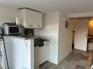 a small kitchen with white cabinets and a microwave at Lake House St Pee Sur Nivelle in Saint-Pée-sur-Nivelle