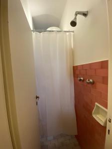 een badkamer met een douche met een wit douchegordijn bij Monolocale Firenze Robbia in Florence