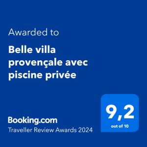 Belle villa provençale avec piscine privée في كاركيران: لقطةشاشة لهاتف محمول مع النص الممنوح لفيلا الجرس وقائية