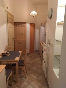 a kitchen with a table and a table and a refrigerator at Útulné ubytováni u centra v blízkosti Výstaviště in Brno