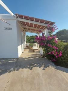 een veranda van een wit huis met roze bloemen bij Charming Cottage on the sea turtle beach in Apolakkiá