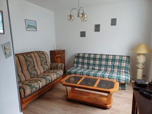 GITE LE HOLWECK Gérardmer في جوراردُميه: غرفة معيشة مع أريكة وطاولة قهوة