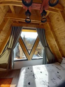 una camera da letto con una grande finestra e un letto di Villa Tina a Štrpce