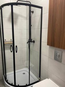 eine Dusche mit Glastür im Bad in der Unterkunft MH Apartments Towarnickiego in Rzeszów