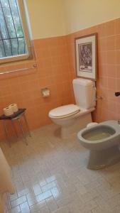 een oranje badkamer met een toilet en een raam bij Haus Sonnenschein in Purasca