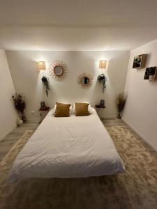 - une chambre avec un grand lit blanc et 2 oreillers dans l'établissement Confortable appartement centre de Vichy, à Vichy