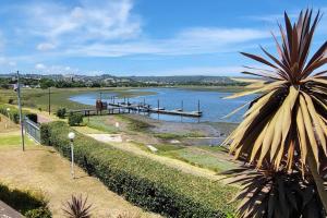 a view of a lake with a dock and a palm tree at Casa de Pueblo Knysna Views! in Knysna