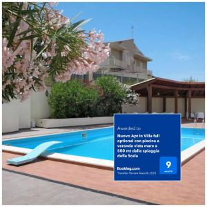 um anúncio para uma villa com piscina em Nuovo Apt in Villa full optional con piscina e veranda vista mare a 500 mt dalla spiaggia della Scala em Realmonte