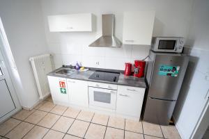 una pequeña cocina con nevera y fregadero en ATRIUM - großzügige Wohnung LUDWIG79 en Ludwigshafen am Rhein