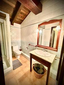 y baño con lavabo, espejo y aseo. en Ático duplex a pie de pistas de esquí en La Molina Alp
