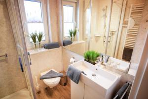 ein Badezimmer mit einem Waschbecken, einem WC und einem Spiegel in der Unterkunft Haus Jelena Appartement 5 in Borkum