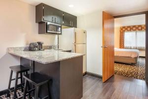 a kitchen with a sink and a refrigerator in a room at Quality Inn & Suites Mayo Clinic Area in Rochester