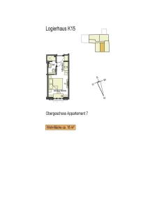 een plattegrond van het appartement met keuken en woonkamer bij Logierhaus K15 Appartement 7 in Borkum
