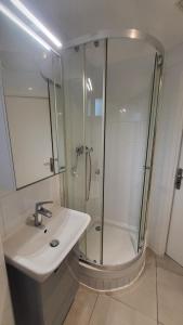 een witte badkamer met douche en wastafel bij studio Les merles à Saint-Égrève in Saint-Égrève