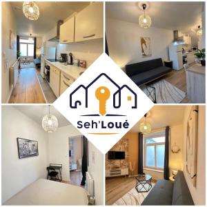 a collage of photos of a kitchen and a living room at Luna Night Seh’Loué in Saint-Brieuc