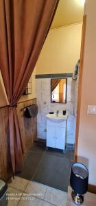 a bathroom with a sink and a mirror at Panzio A mi Paradicsomunk in Véménd