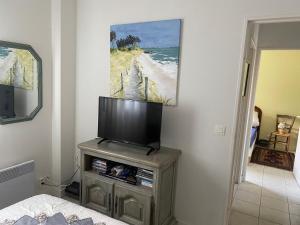 TV de pantalla plana en un stand en una habitación en Appartement 3 pièces de 52 m2 face au port du Crouesty avec terrasse de 18 m2, en Arzon