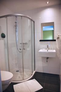 y baño con ducha, lavabo y aseo. en B&B De Hofnar Roermond, en Roermond