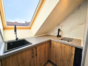 uma cozinha com um lavatório e uma janela em visit baltic - Promenada Studio Wydma em Świnoujście