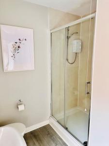 a bathroom with a shower with a glass door at Stylish City Centre House / 3 BR / Family Friendly in Belfast