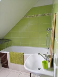 uma casa de banho verde com uma banheira e um lavatório em Statek u Sýkorky em Ostrov