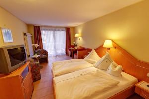 um quarto de hotel com uma cama e uma televisão em Hotel Mühlenthal GmbH em Schwalbach