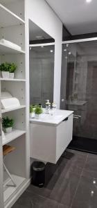 uma casa de banho com um lavatório branco e um chuveiro em Casa Filó em Peso da Régua