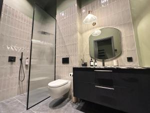 a bathroom with a shower and a toilet and a mirror at Stunning Luxury Chalet in West Iceland in Reykholt
