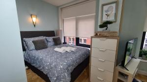 a bedroom with a bed and a tv and a window at Impressive Apartment at Leeds City Centre in Leeds