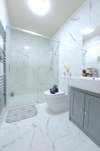 a bathroom with a shower and a toilet and a sink at 2 BED TERRACED FLAT PICCADILLY LINE in London +26 photos