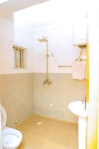 een badkamer met een toilet en een wastafel bij CALBERT LODGE in Abuja