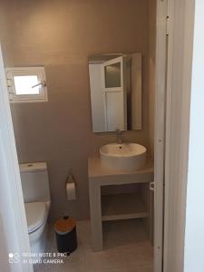 een badkamer met een wastafel, een toilet en een spiegel bij Vlastos 1 in Ios Chora +12 foto's