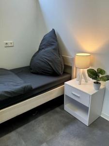 uma cama com uma almofada e um candeeiro numa mesa de cabeceira em Meine gemütliche Auszeit em Wolfsburg
