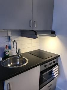 a small kitchen with a sink and a stove at Keybutler Royal Park Studios in Oslo