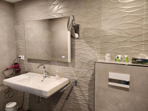 W łazience znajduje się umywalka i lustro. w obiekcie Hotel Garni Fuhrhop w mieście Bad Karlshafen