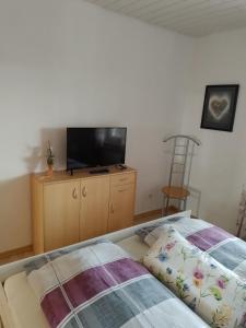 1 dormitorio con 1 cama y TV en un armario en Ferienwohnung Gieseking, en Porta Westfalica