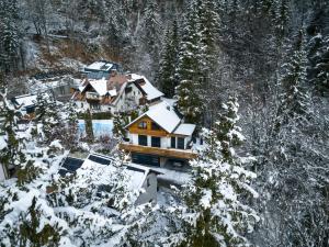 una vista aérea de una casa cubierta de nieve en Hiša Zima en Gozd Martuljek