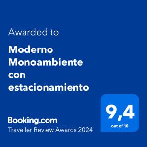 Сертификат, награда, табела или друг документ на показ в Moderno Monoambiente con estacionamiento