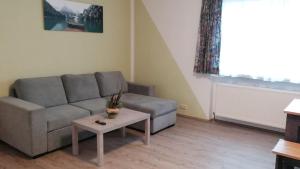 un soggiorno con divano e tavolino da caffè di Ferienwohnungen Mach a Steinbach am Attersee