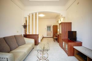 a living room with a couch and a television at Rainbow Resort Hotel in Wenquan